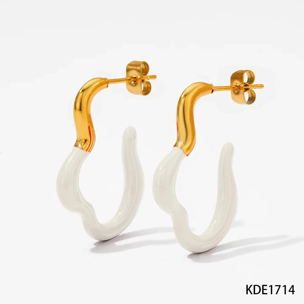 Gold-White-(D1714) Squiggle Curve Shape Stud Earrings Stainless Steel Irregular Colorful Enamel Charms Hoop Earrings Jewelry Women