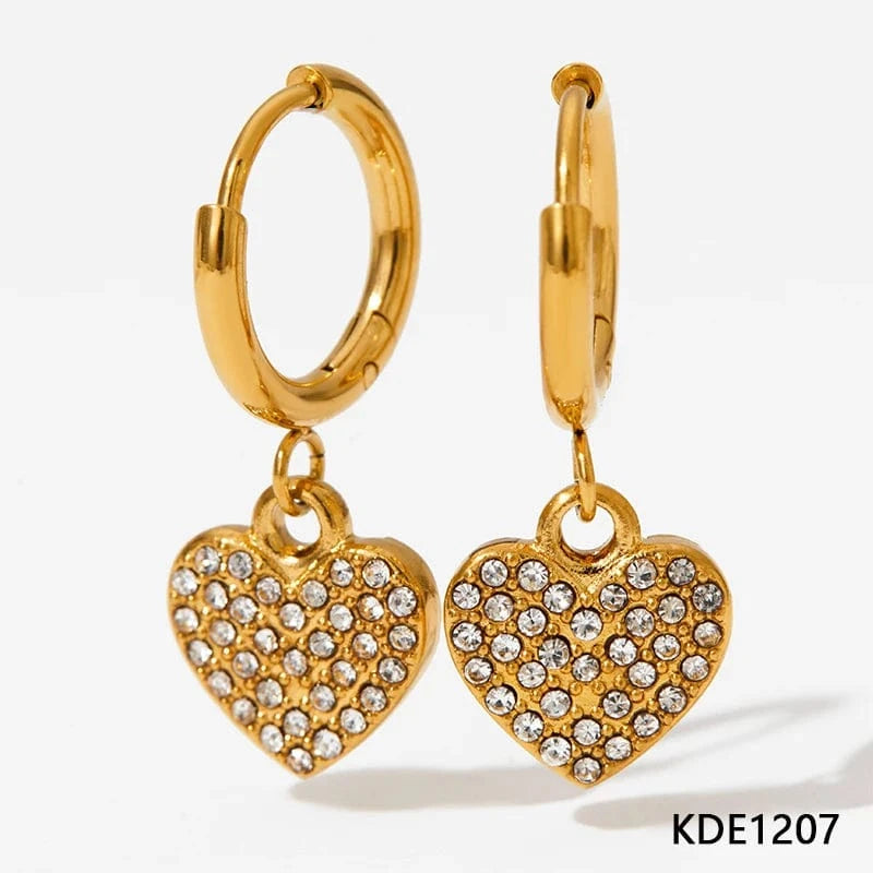 Gold-White Dainty Heart Pendant Paved Colorful Full Zircon Drop Hoop Earring Stainless Steel New Charm Earrings 2024 For Women