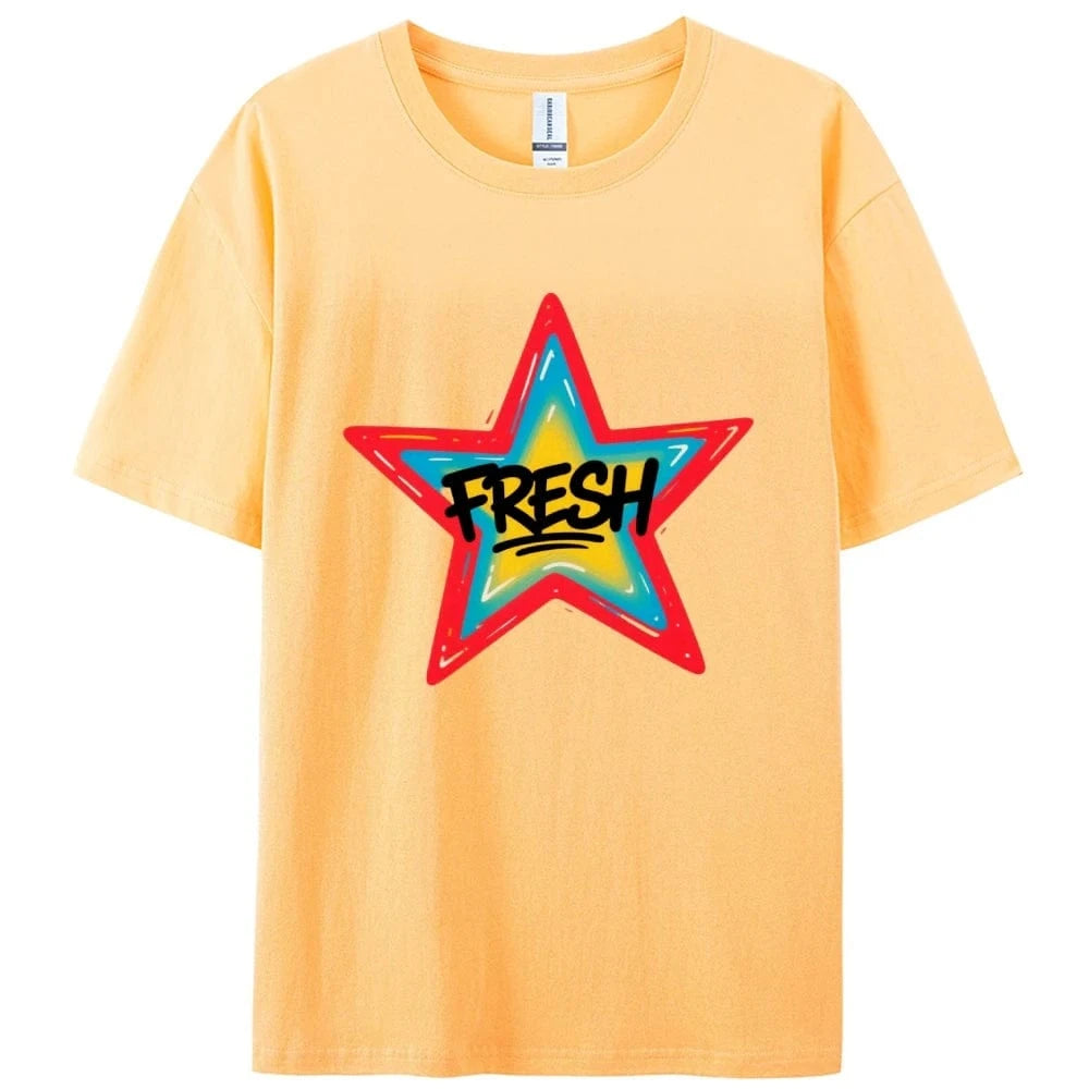 Gold / XXXL Graffiti Style FRESH Colorful Star Graphic Tee Casual White T-Shirt with Vibrant Gradient Star Design for Trendy Urban Fashion