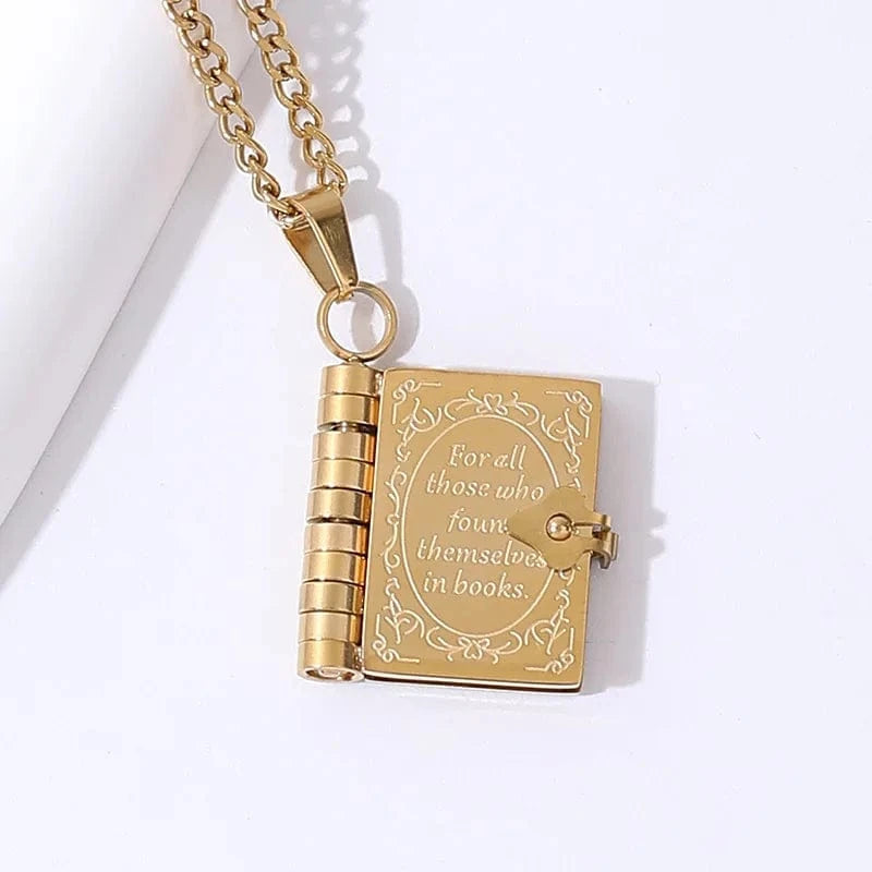 Golden english book Aimgal fashion jewelry DIY carving Lovers Book pendent necklace 316 stainless steel PVD plated 18k gold waterproof non tarnish