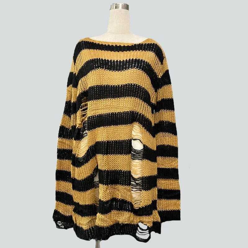 Golden / One Size 90s Goth Punk Women Street Fashion Stripe Loose Gothic Knitted Ripped Distressed Design Jumper Oversized Pullovers Top Sweater