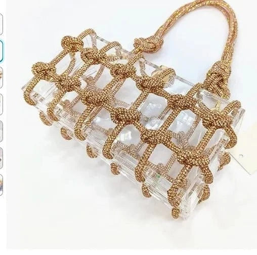 Golden Transparent Wedding Party Handbags for Women Luxury Clear Acrylic Box Purse Woven Knotted Rhinestone Clutch Bag Evening Bags