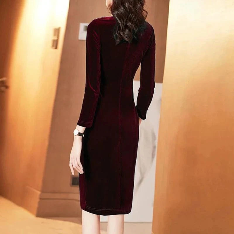 Golden Velvet Dress For Women Spring And Autumn New Fashionable Long Sleeve Dress Velvet Thickened Hip Wrap Dress  Nail Bead