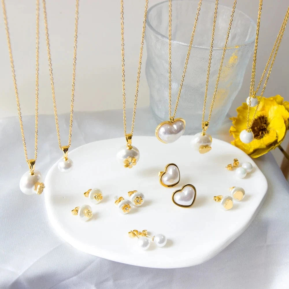 Good Price Fashion Stainless Steel Jewelry Set Fancy Heart Shape Stud Earrings Hypoallergenic Pearl Pendant Necklace For Women