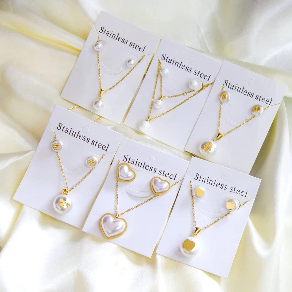 Good Price Fashion Stainless Steel Jewelry Set Fancy Heart Shape Stud Earrings Hypoallergenic Pearl Pendant Necklace For Women