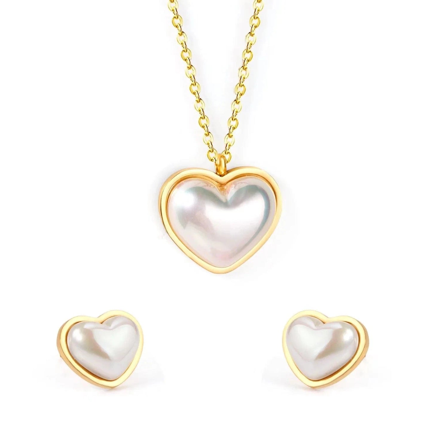 Good Price Fashion Stainless Steel Jewelry Set Fancy Heart Shape Stud Earrings Hypoallergenic Pearl Pendant Necklace For Women