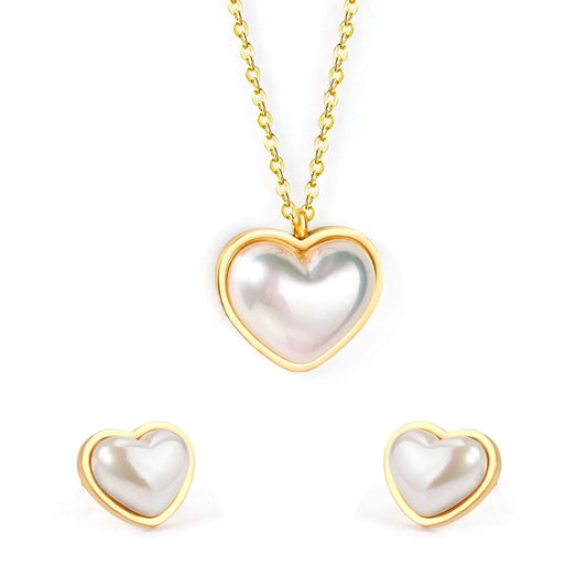 Good Price Fashion Stainless Steel Jewelry Set Fancy Heart Shape Stud Earrings Hypoallergenic Pearl Pendant Necklace For Women
