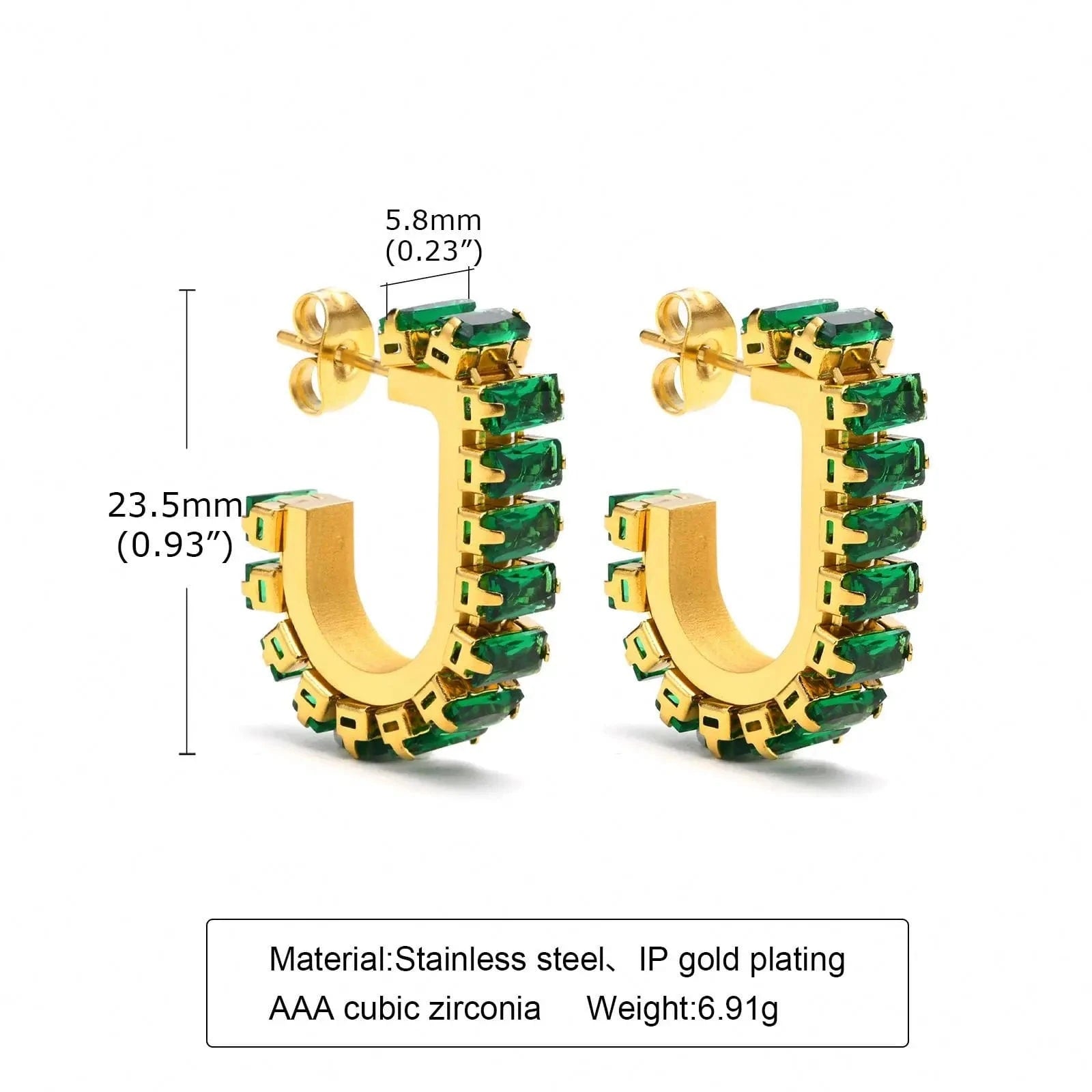 Good Quality 18k Gold Plated Green Cubic Zircon Earrings Deliate No Fade Stainless Steel Bling Diamond U Shape Earrings