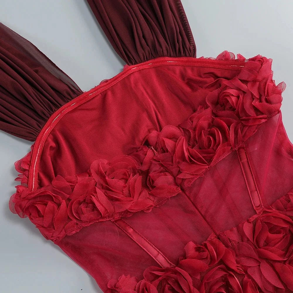 Gorgeous Burgundy Halter Mini Dress for Women 3D Rose Embellishment Flowing Chiffon Tail Sexy Elegance Temperament