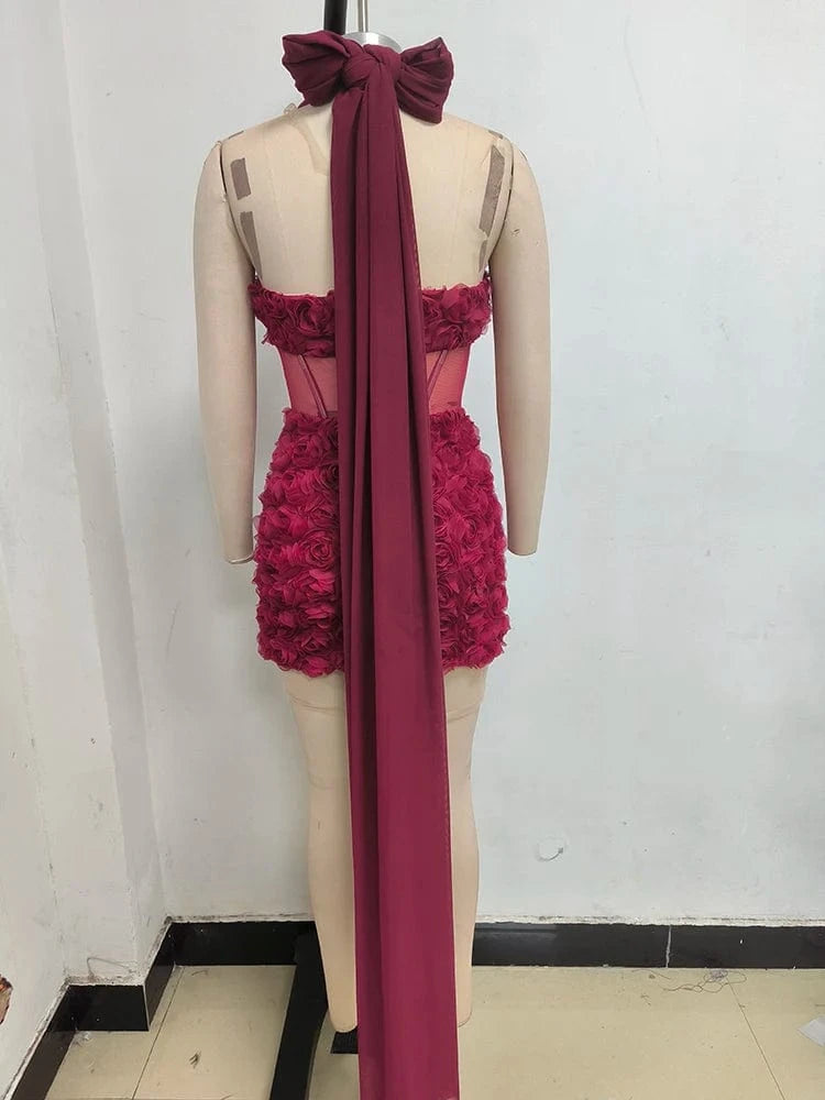 Gorgeous Burgundy Halter Mini Dress for Women 3D Rose Embellishment Flowing Chiffon Tail Sexy Elegance Temperament