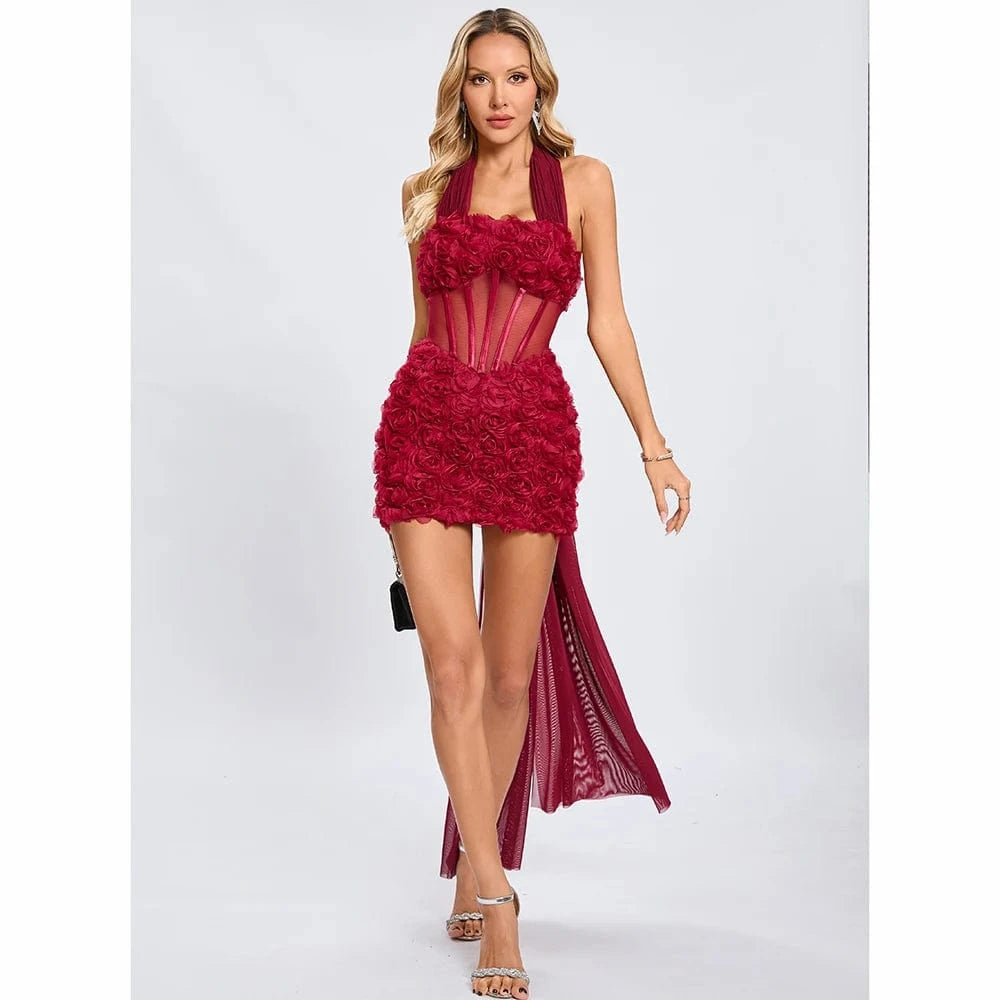 Gorgeous Burgundy Halter Mini Dress for Women 3D Rose Embellishment Flowing Chiffon Tail Sexy Elegance Temperament