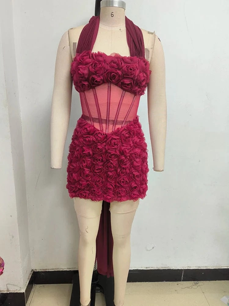 Gorgeous Burgundy Halter Mini Dress for Women 3D Rose Embellishment Flowing Chiffon Tail Sexy Elegance Temperament