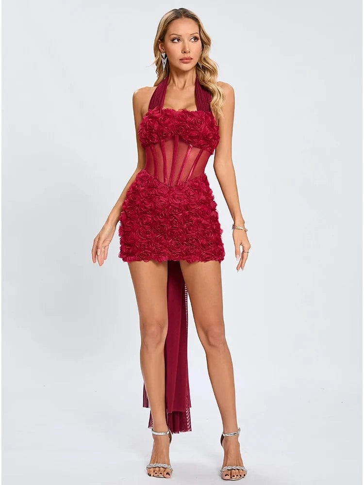 Gorgeous Burgundy Halter Mini Dress for Women 3D Rose Embellishment Flowing Chiffon Tail Sexy Elegance Temperament