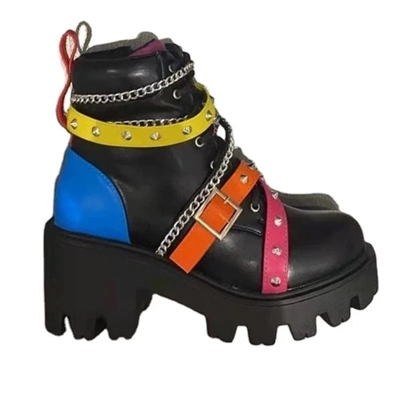 Gothic Belt Buckle Rivet Punk Style Chunky Shoes Designer Platform Leopard Print Sexy High Heels Plus Size Women's Shoes 35-43