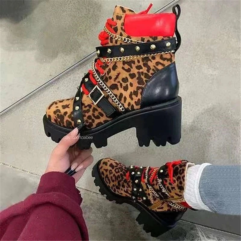 Gothic Belt Buckle Rivet Punk Style Chunky Shoes Designer Platform Leopard Print Sexy High Heels Plus Size Women's Shoes 35-43