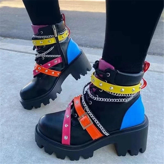Gothic Belt Buckle Rivet Punk Style Chunky Shoes Designer Platform Leopard Print Sexy High Heels Plus Size Women's Shoes 35-43