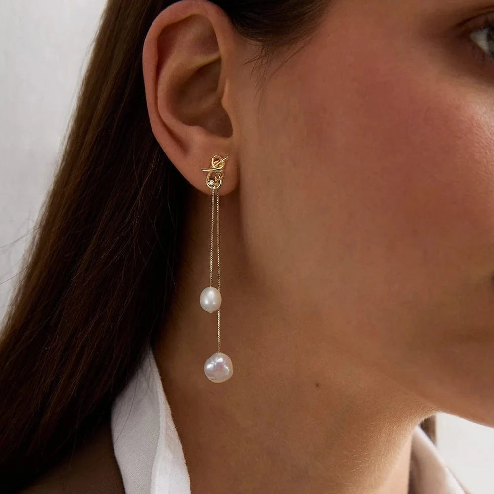 GPE85 RINNTIN GPE85 Gemnel 925 Silver Gold Plated Jewelry Pearl Diamond Drop Long Chain Earrings For Women