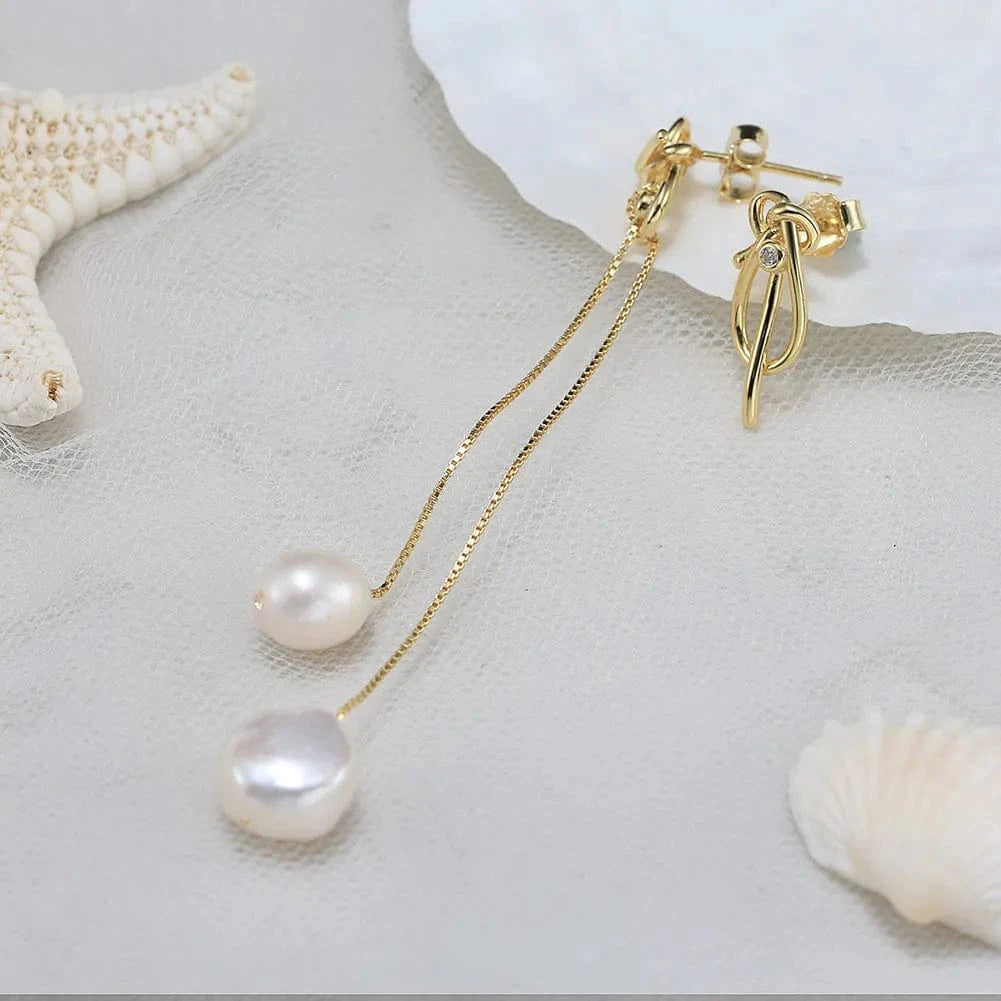 GPE85 RINNTIN GPE85 Gemnel 925 Silver Gold Plated Jewelry Pearl Diamond Drop Long Chain Earrings For Women