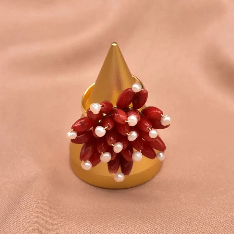 GR0272 Red Coral Natural Pearls Fashion Accessories Set Fine Woman Ring Earrings Necklace Luxury Customized Jewelry Wedding