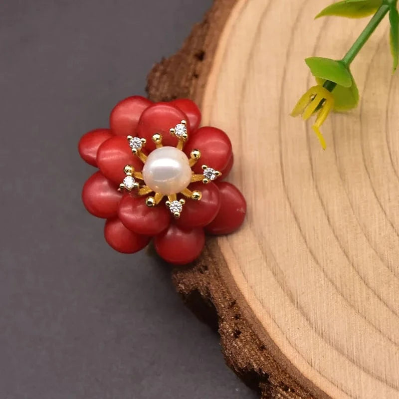 GR0280 Red Coral Natural Pearls Fashion Accessories Set Fine Woman Ring Earrings Necklace Luxury Customized Jewelry Wedding