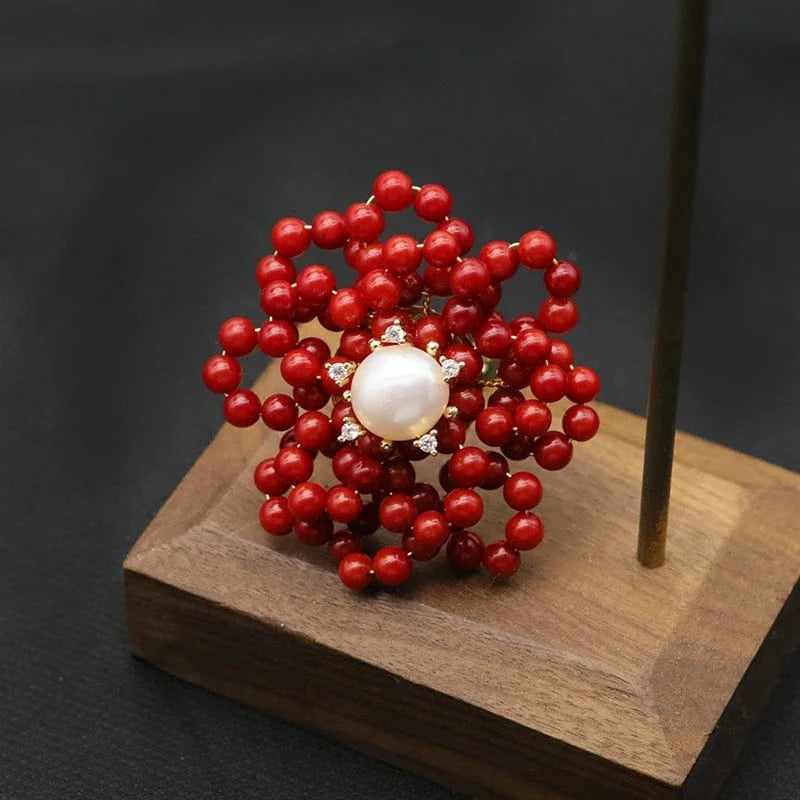 GR0317 Red Coral Natural Pearls Fashion Accessories Set Fine Woman Ring Earrings Necklace Luxury Customized Jewelry Wedding