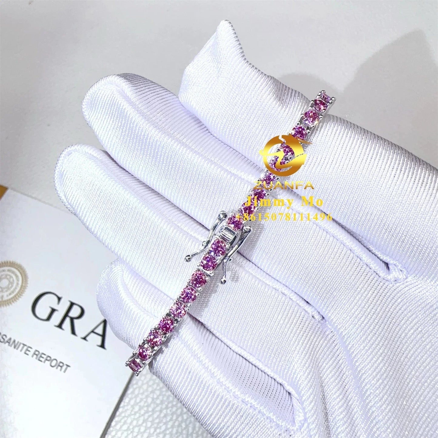 GRA Certificates 3mm 4mm 925 Sterling Silver White Gold Plated Hip Hop Jewelry Pink Moissanite Tennis Chain Bracelet