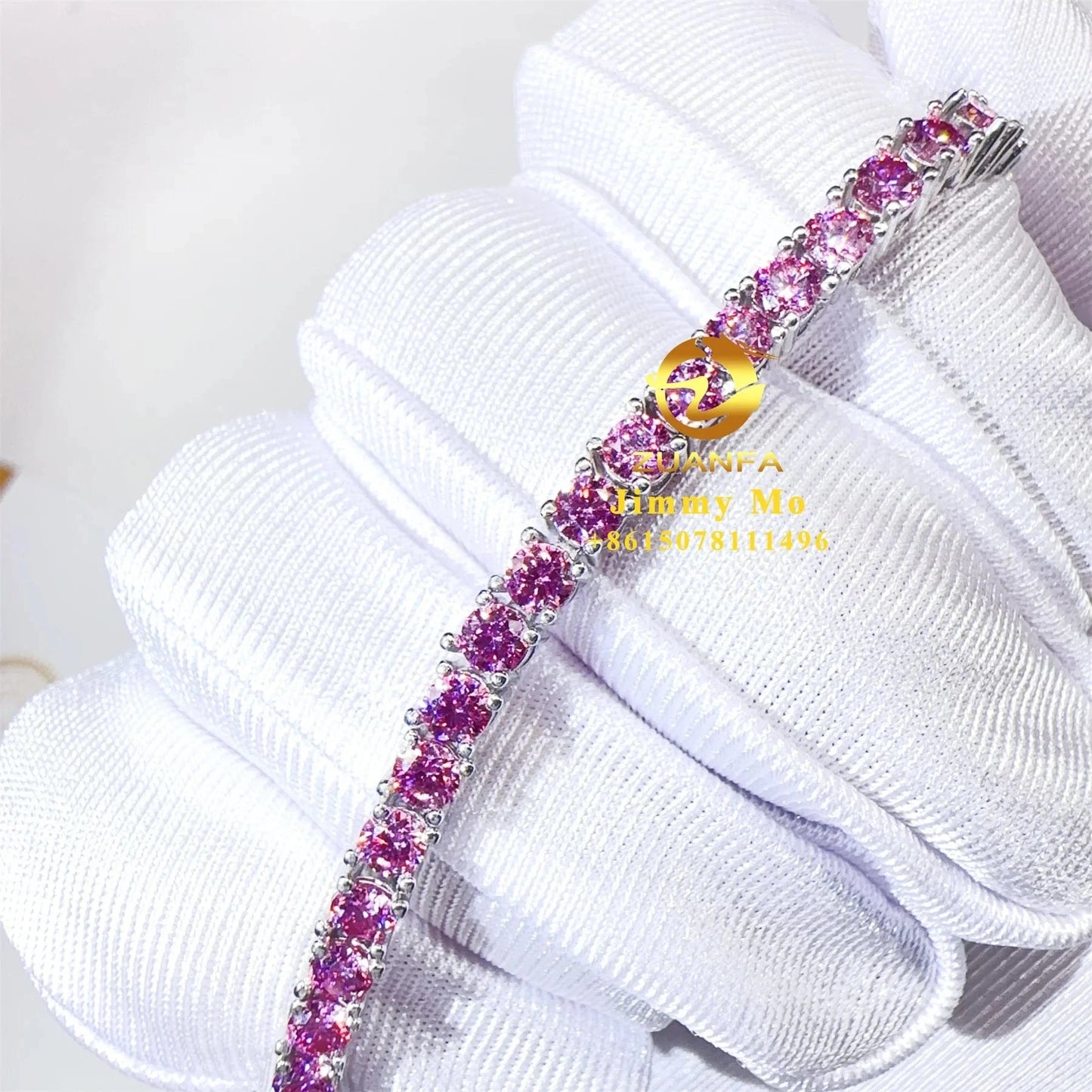 GRA Certificates 3mm 4mm 925 Sterling Silver White Gold Plated Hip Hop Jewelry Pink Moissanite Tennis Chain Bracelet