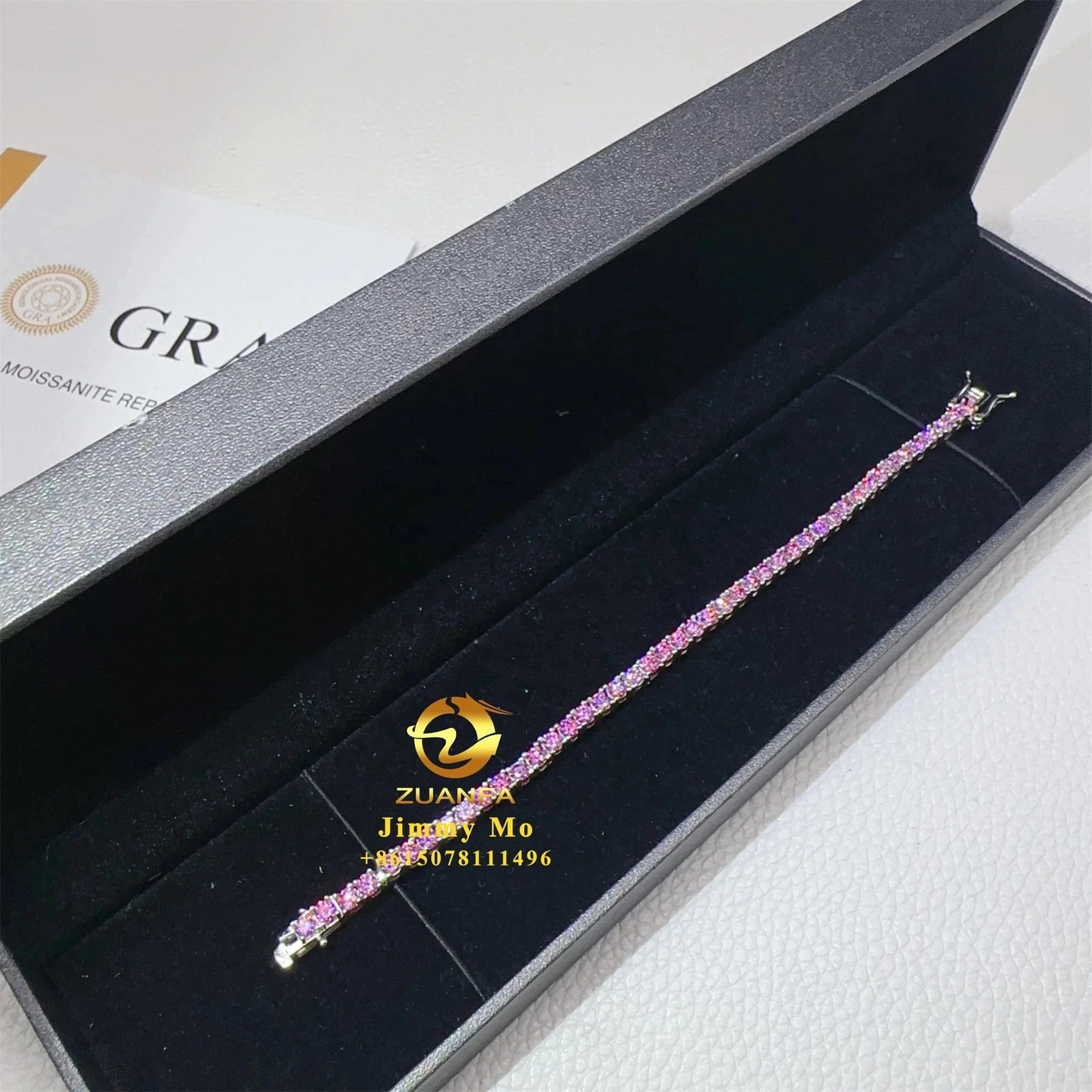 GRA Certificates 3mm 4mm 925 Sterling Silver White Gold Plated Hip Hop Jewelry Pink Moissanite Tennis Chain Bracelet