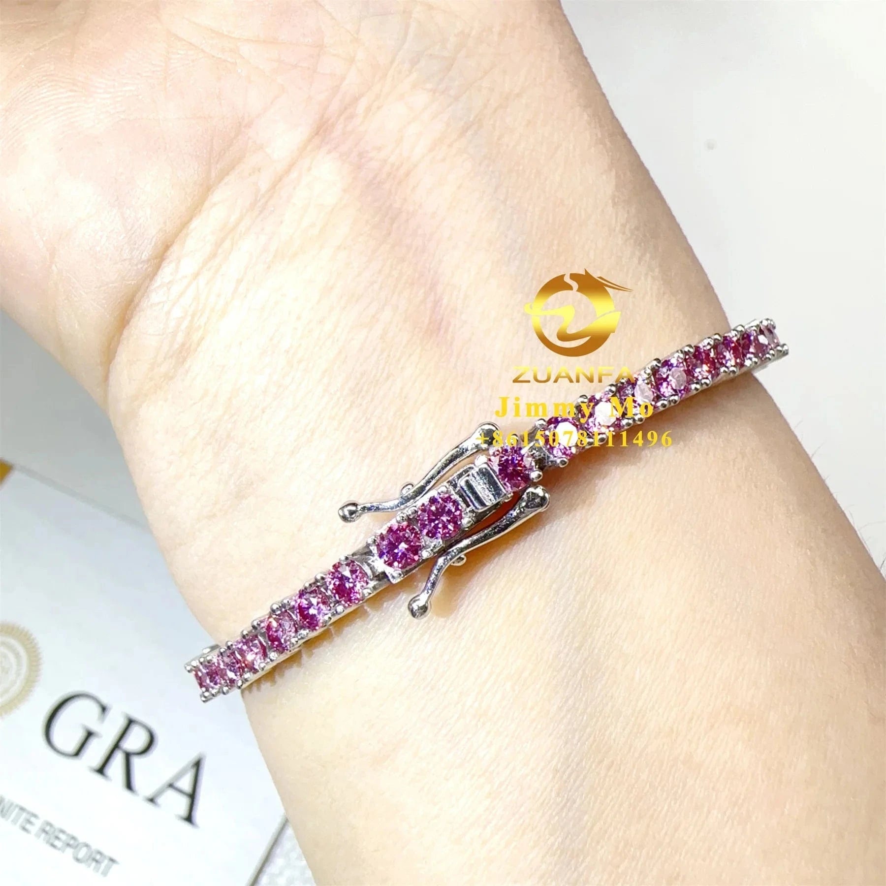 GRA Certificates 3mm 4mm 925 Sterling Silver White Gold Plated Hip Hop Jewelry Pink Moissanite Tennis Chain Bracelet