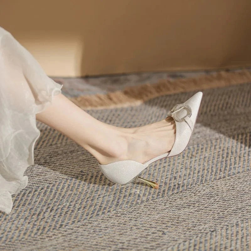 Gradient high heeled women's 2023 new rhinestone sequin shallow tube pointed thin heel hollow sandals