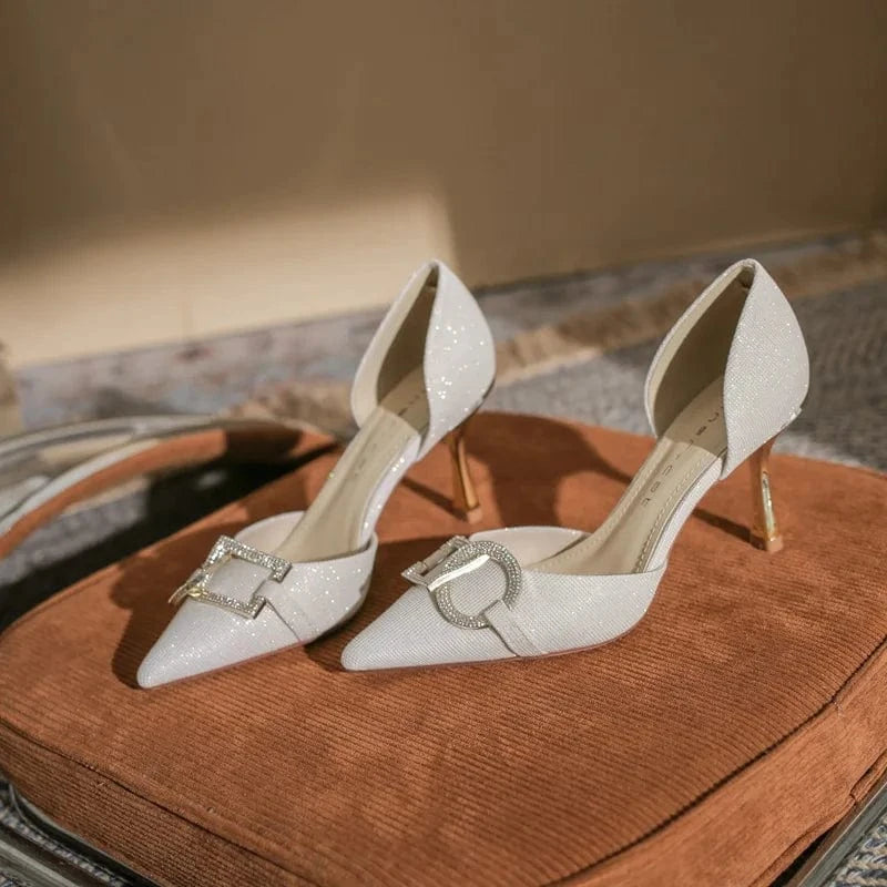 Gradient high heeled women's 2023 new rhinestone sequin shallow tube pointed thin heel hollow sandals