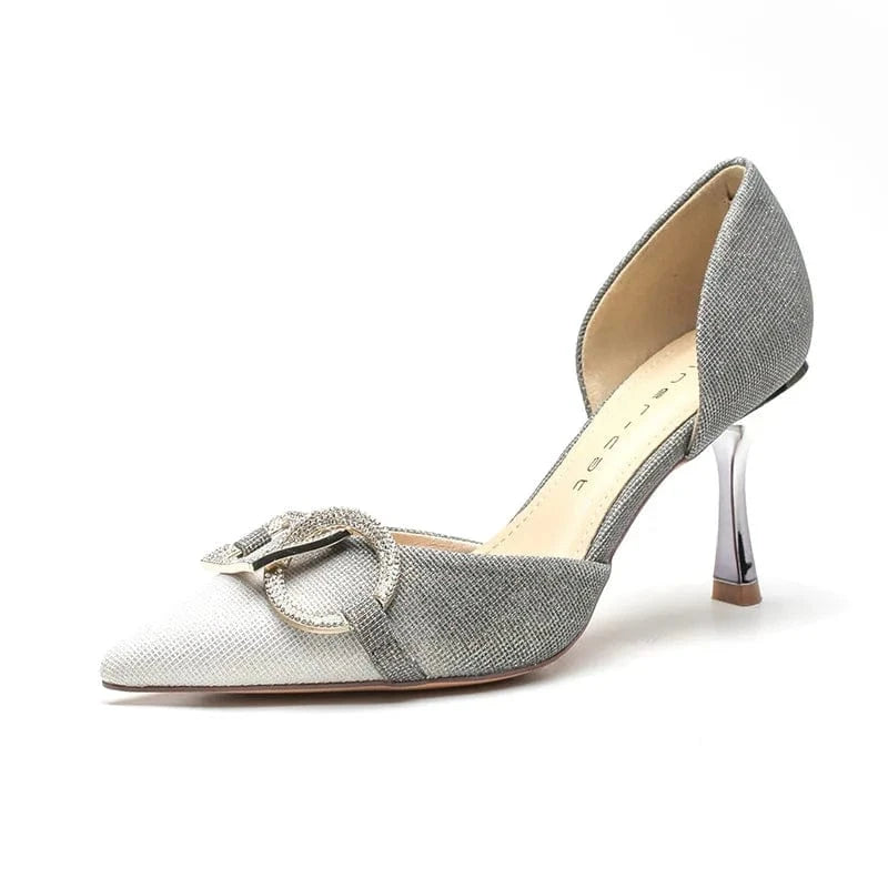 Gradient high heeled women's 2023 new rhinestone sequin shallow tube pointed thin heel hollow sandals