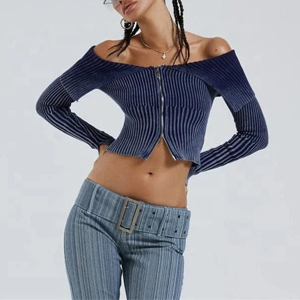 Gradient Print Long Sleeve Cardigan Crop Top for Women Off Shoulder Knitted Ribbed Zip Up Sweaters