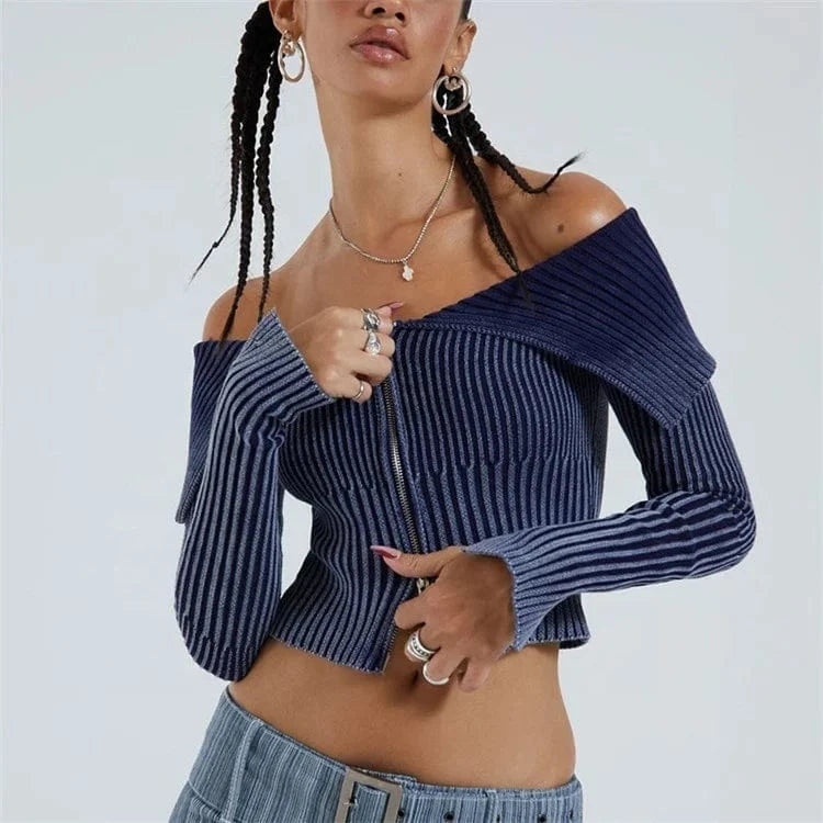Gradient Print Long Sleeve Cardigan Crop Top for Women Off Shoulder Knitted Ribbed Zip Up Sweaters