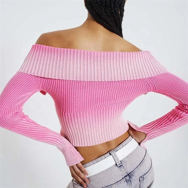 Gradient Print Long Sleeve Cardigan Crop Top for Women Off Shoulder Knitted Ribbed Zip Up Sweaters