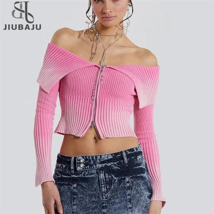 Gradient Print Long Sleeve Cardigan Crop Top for Women Off Shoulder Knitted Ribbed Zip Up Sweaters