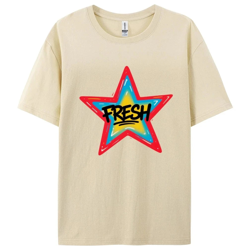Graffiti Style FRESH Colorful Star Graphic Tee Casual White T-Shirt with Vibrant Gradient Star Design for Trendy Urban Fashion