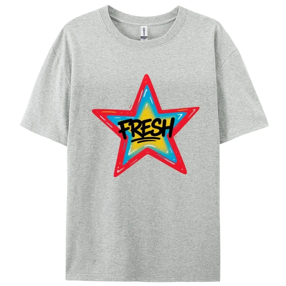 Graffiti Style FRESH Colorful Star Graphic Tee Casual White T-Shirt with Vibrant Gradient Star Design for Trendy Urban Fashion