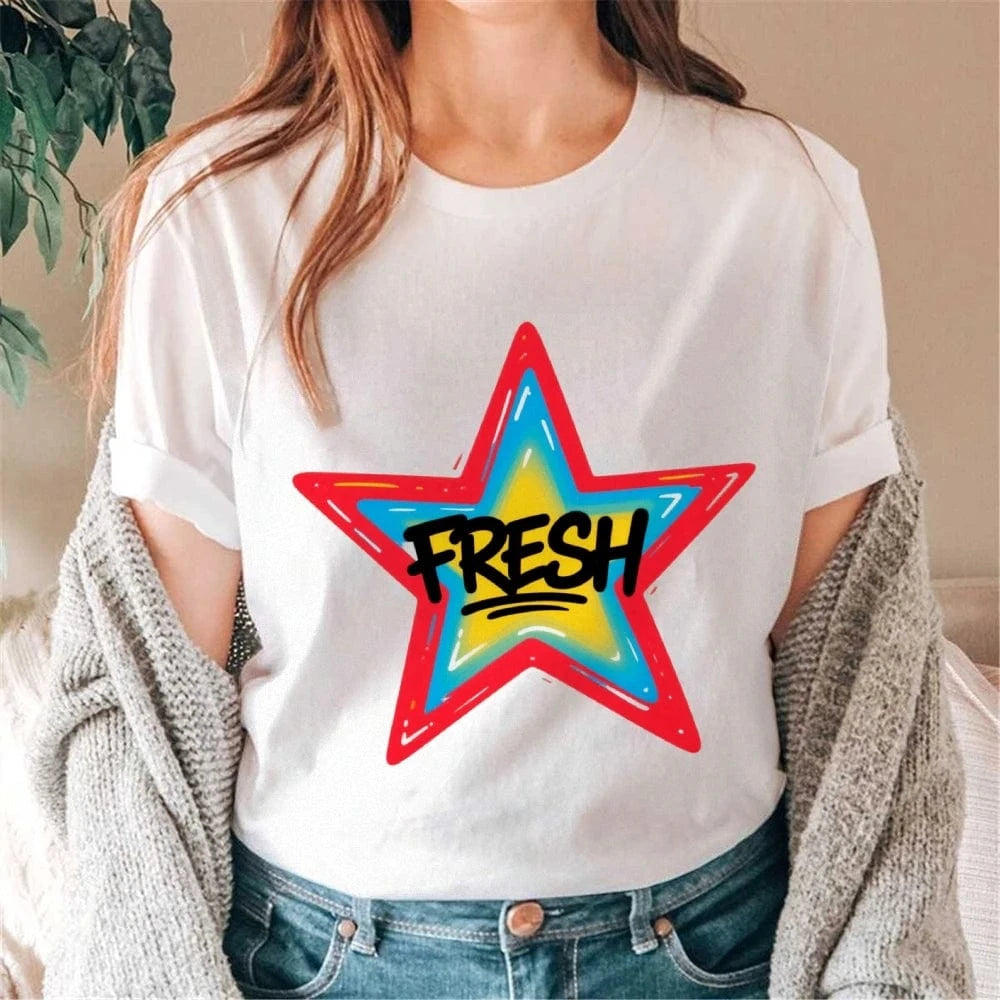 Graffiti Style FRESH Colorful Star Graphic Tee Casual White T-Shirt with Vibrant Gradient Star Design for Trendy Urban Fashion