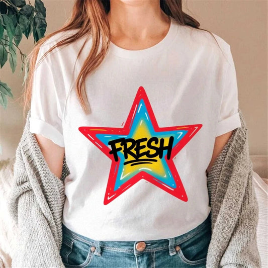 Graffiti Style FRESH Colorful Star Graphic Tee Casual White T-Shirt with Vibrant Gradient Star Design for Trendy Urban Fashion