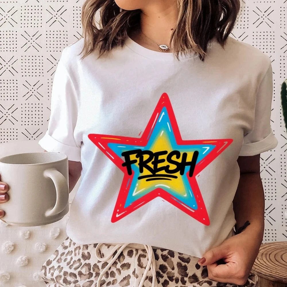 Graffiti Style FRESH Colorful Star Graphic Tee Casual White T-Shirt with Vibrant Gradient Star Design for Trendy Urban Fashion