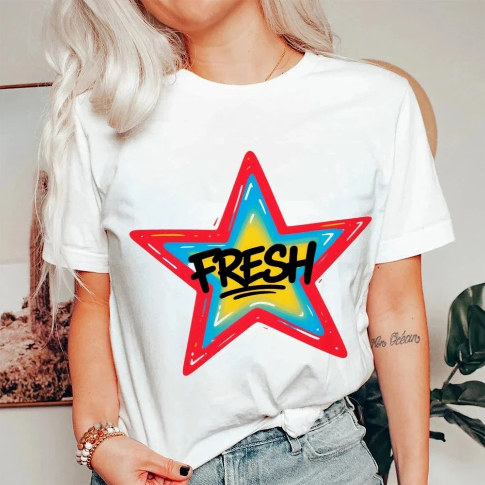 Graffiti Style FRESH Colorful Star Graphic Tee Casual White T-Shirt with Vibrant Gradient Star Design for Trendy Urban Fashion