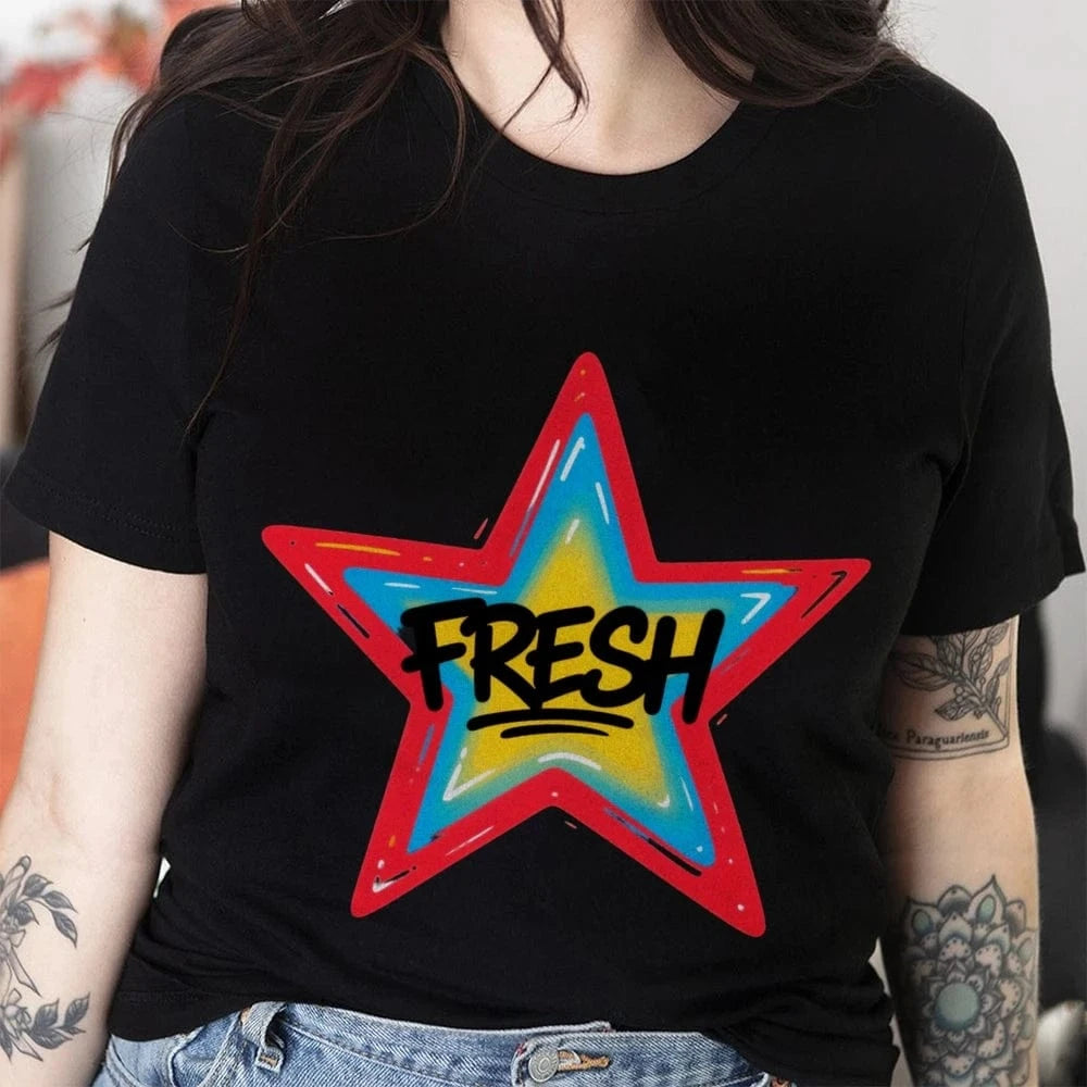 Graffiti Style FRESH Colorful Star Graphic Tee Casual White T-Shirt with Vibrant Gradient Star Design for Trendy Urban Fashion