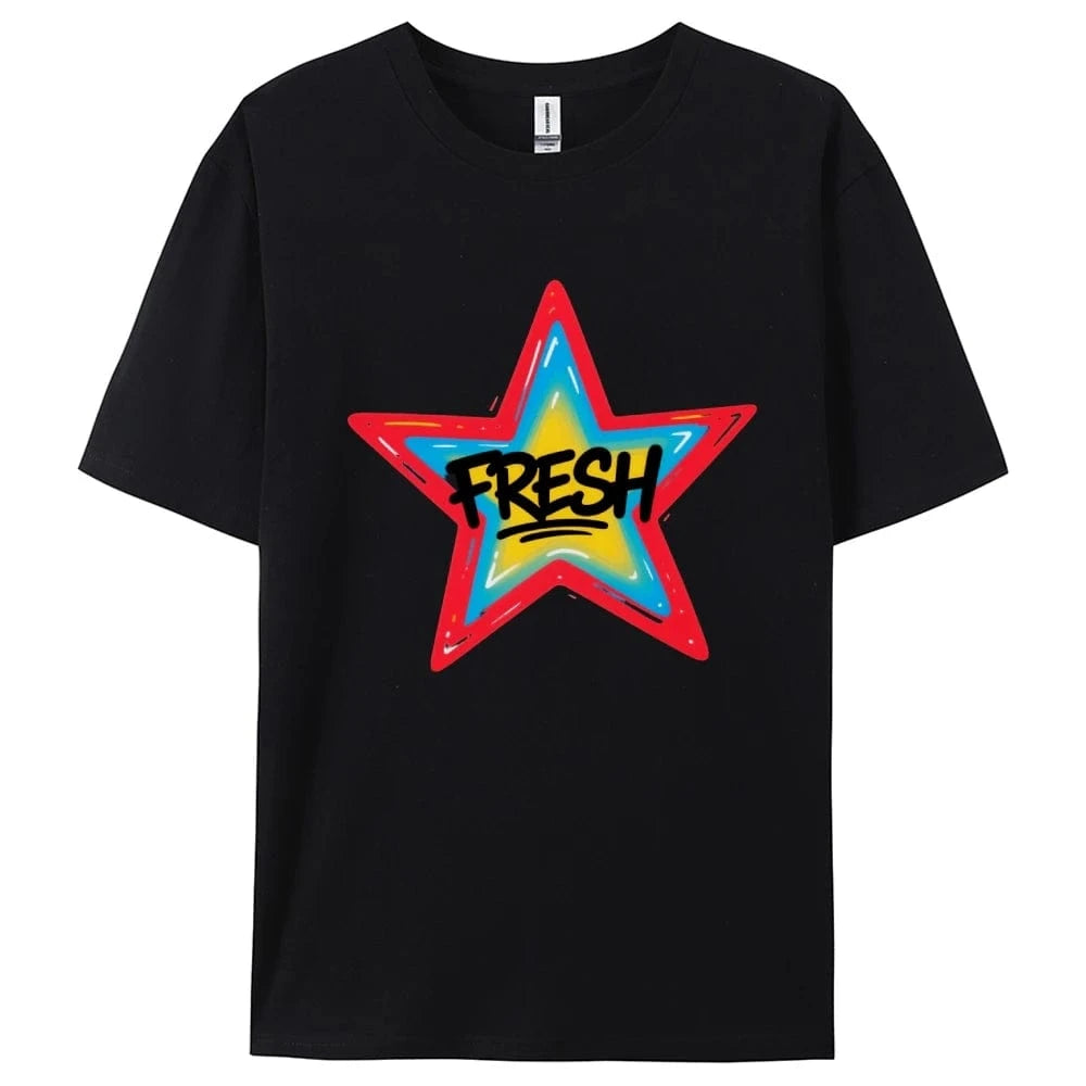Graffiti Style FRESH Colorful Star Graphic Tee Casual White T-Shirt with Vibrant Gradient Star Design for Trendy Urban Fashion
