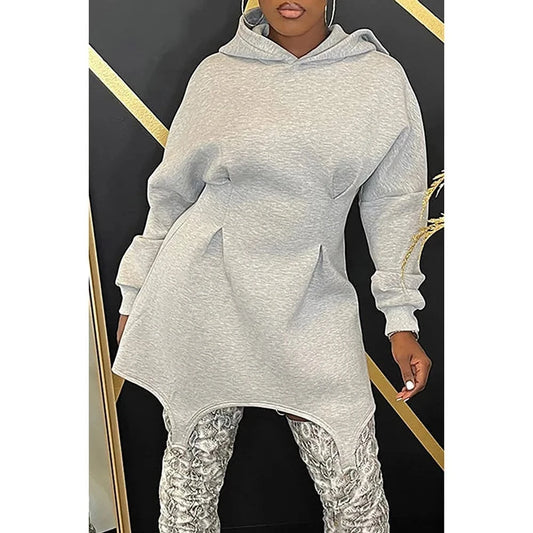 GRAY / 1XL Plus Size Party Mini Dresses Casual Grey Fall Winter Hoodie Lantern Sleeve Long Sleeve Asymmetric Hem Cotton Mini Dresses