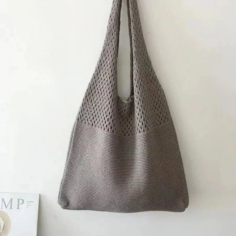 Gray Custom Personalized Knitting Crochet Tote Bags Shoulder Handbags for Women Summer Beach Fashion Weaving Hollow Handbag