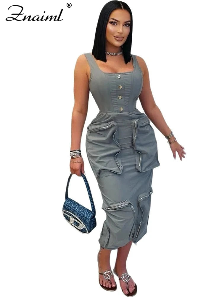 gray dress / XXL Znaiml Mult Pockets Patchwork Bodycon Mid Dress Woman Sleeveless Backless Zip Gray Cargo Dresses Birthday Club Party Vestidos