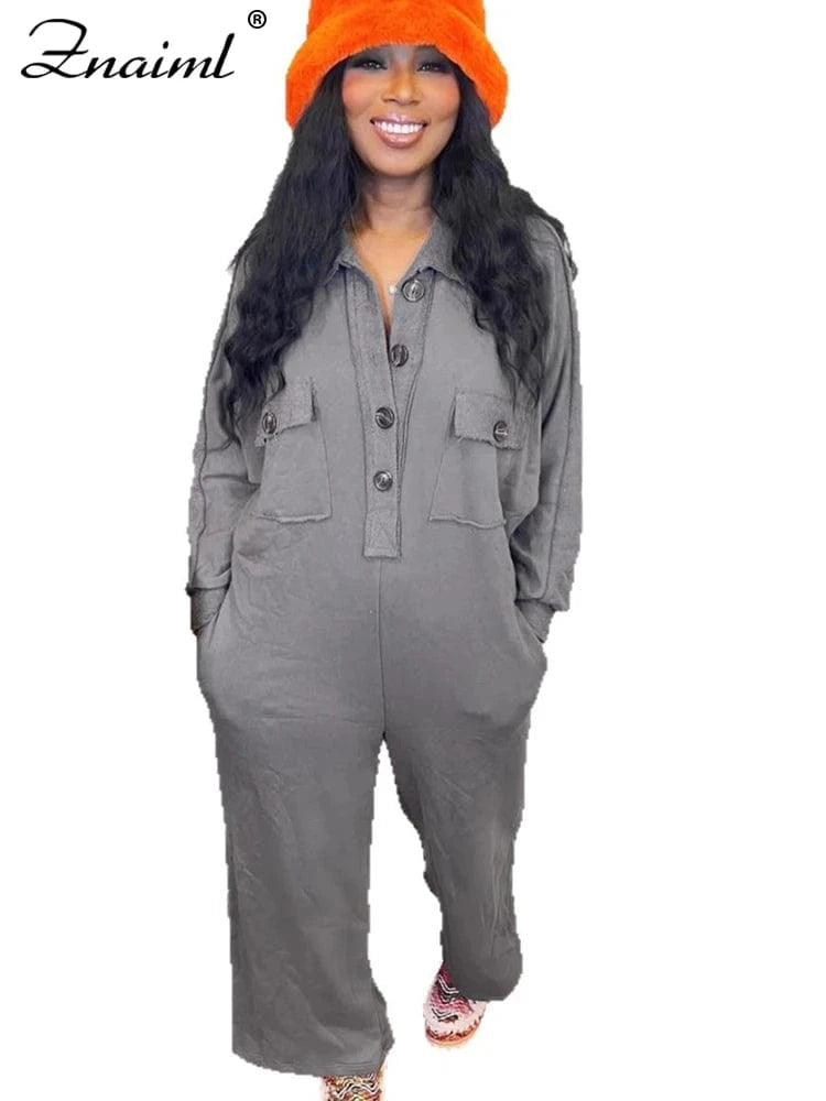gray jumpsuits / XXXL Znaiml Women's Long Sleeve Pocket Jumpsuit Casual Loose Wide Leg Pants Orange Shirt Rompers One Piece Autumn Streetwear Outfit