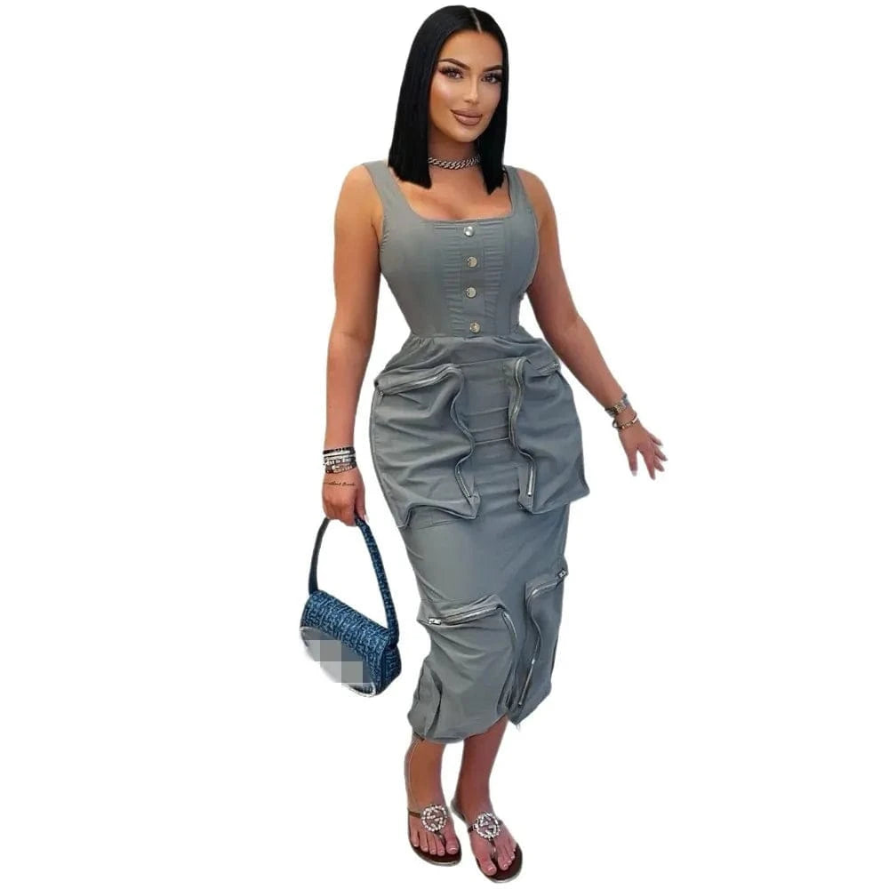Gray / L Summer 2025 Woman Elegant Casual Multi-Pockets Cargo Midi Long Dress Sleeveless Bodycon O-neck Night Club Party Dresses Vestidos