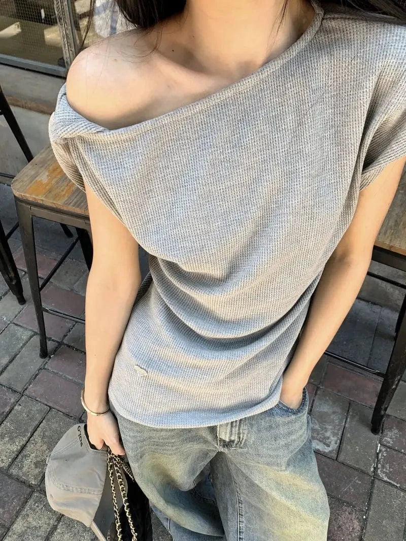 GRAY / M Waffle Off shoulder Short sleeve T shirt Women Elegant Youth Summer Top Korean Chic Holiday Lady Casual Tee 2025